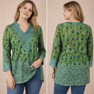 Sol Long Sleeve Peacock Feather Print Embroidered Tunic Top L Cotton
